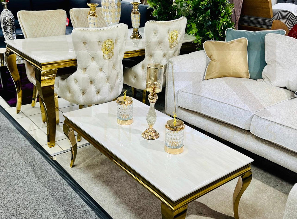 Louis 120cm Cream & Gold Marble Dining Table + Valente Cream Gold Lion Knocker Velvet Dining Chairs