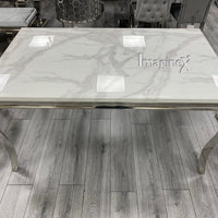 Louis 160cm White Marble Dining Table With 4 Grey Ring Knocker Dining Chairs and Matching 110cm Bench