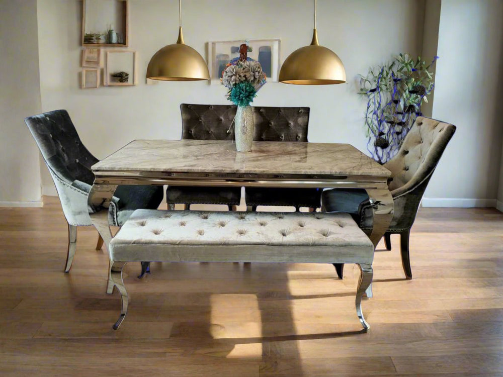 Louis 150cm Grey Marble Dining Table + 4 Silver Grey Velvet Knocker Chairs + 110cm Bench