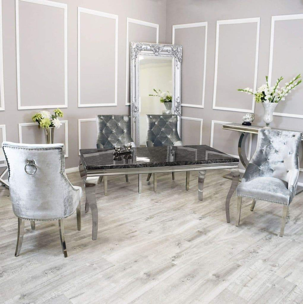 Louis 160cm Black Marble Dining Table With Set of Knocker Plush Velvet Dining Chairs