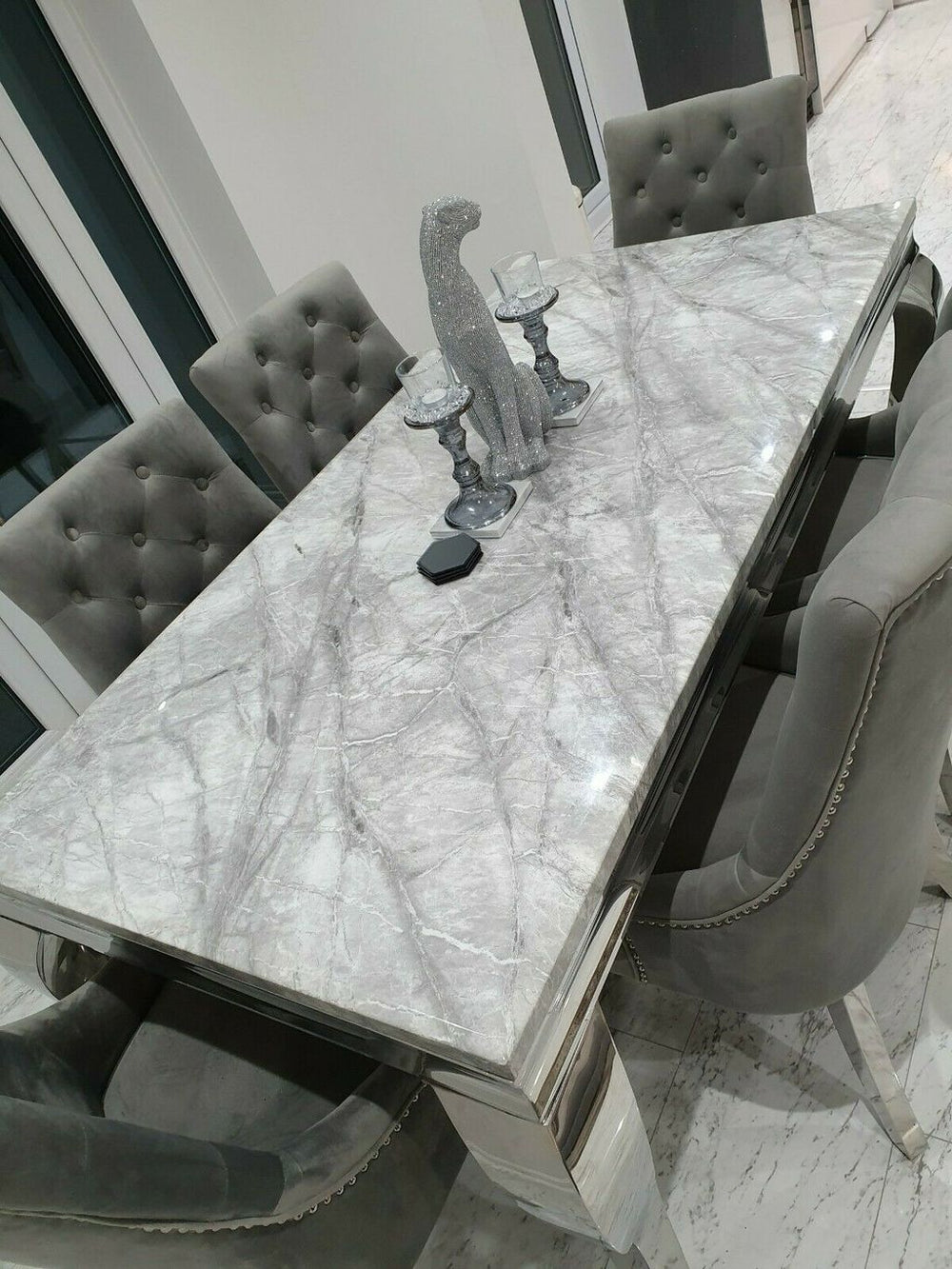 Louis 120cm Grey Marble Dining Table With Set of 4 Grey Ring Knocker Chairs